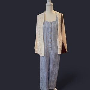 Everlane Blue Striped Jumpsuit with Cream Cardigan
